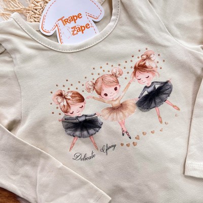 Conj. Blusa Manga Longa Bailarinas e Short em Plush - Areia e Marrom